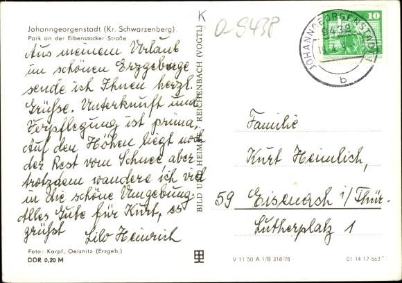 Postcard Johanngeorgenstadt in the Ore Mountains of Saxony, Park Eibenstocker Strasse