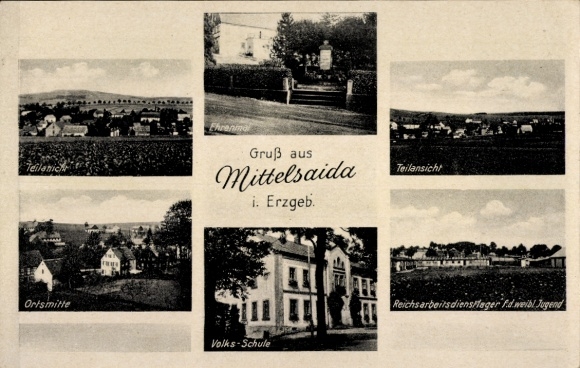 Postcard Mittelsaida Großhartmannsdorf in the Ore Mountains, elementary school, memorial, Reich Labor Service camp