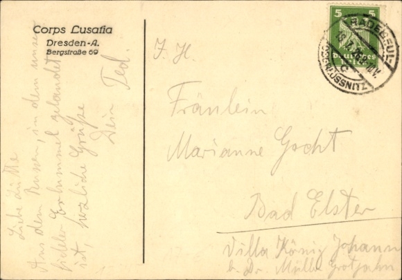 Studentika Postcard Dresden, Corps Lusatia, Bergstraße 69, coat of arms, RSC