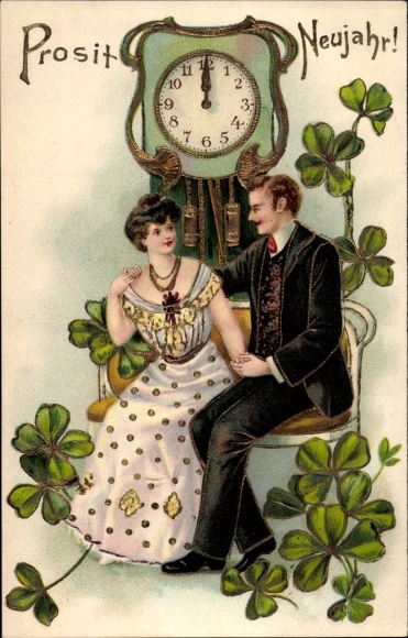 Präge Glitzer Litho Glückwunsch Neujahr, Liebespaar, Uhr, Glücksklee