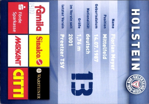 Autograph card footballer Florian Meyer, Holstein Kiel, autograph