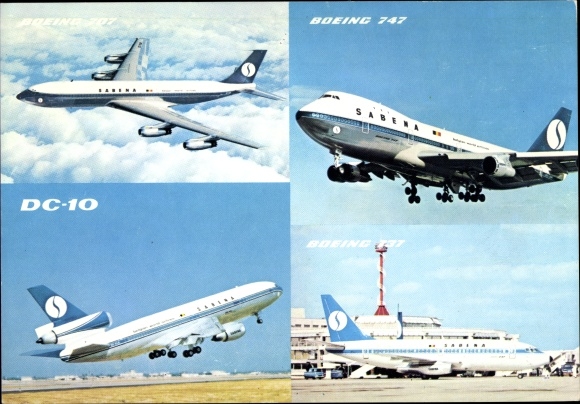 Postcard Douglas DC 10, Boeing 747, Boeing 737, passenger aircraft, Belgian airline Sabena