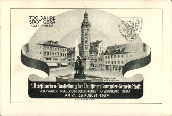Postal stationery Postcard Gera in Thuringia, 1st stamp exhibition 1937, KdF, 700th anniversary 1937