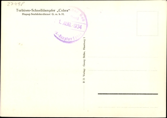 Postcard turbine express steamer Cobra, HAPAG Seebadedienst