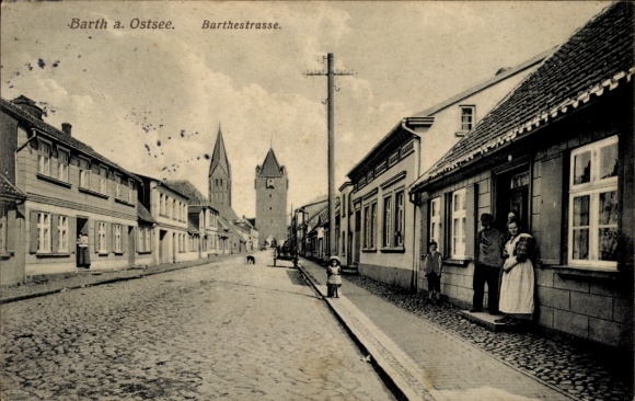Postcard Barth on the Baltic Sea, Barthestrasse, towers, residents