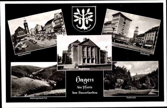 Postcard Hagen district of Arnsberg in Sauerland, main station, city theater, city forest, coat of arms