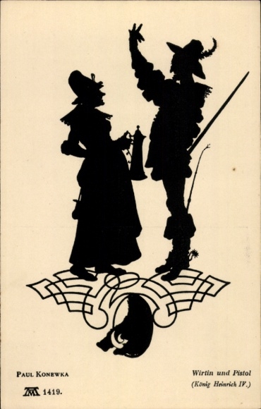 Paper cutting artist Postcard Konewka, Paul, landlady and pistol, King Henry IV