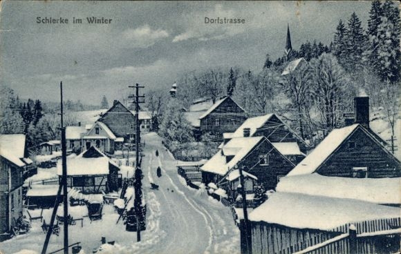 Postcard Schierke Wernigerode in the Harz Mountains, snow-covered village street, winter landscape, houses in the snow, K