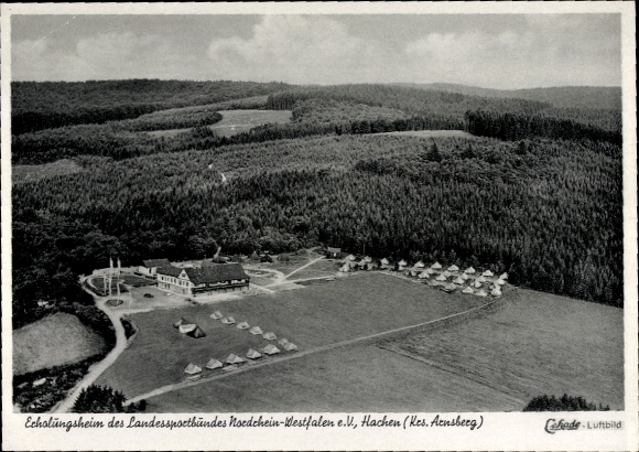 Postcard Hachen Sundern in Sauerland, aerial photograph, recreation home Landessportbund NRW, tents, forest