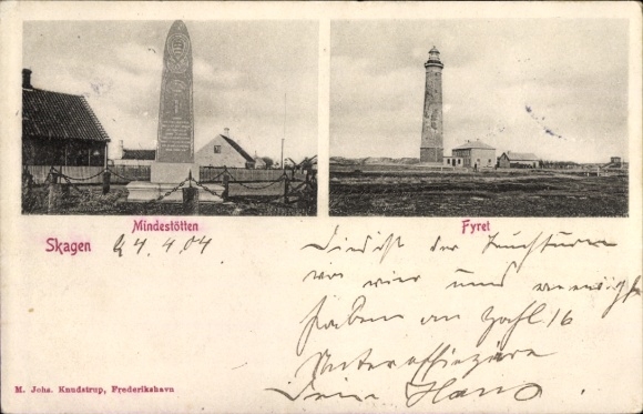 Postcard Skagen Denmark, Mindestötten, Fyret, lighthouse, memorial stone