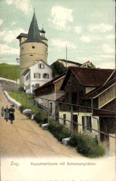 KP Zug Miasto Szwajcaria, Wieża Kapucynów, Schanzengraben, architektura historyczna, spacerowicze