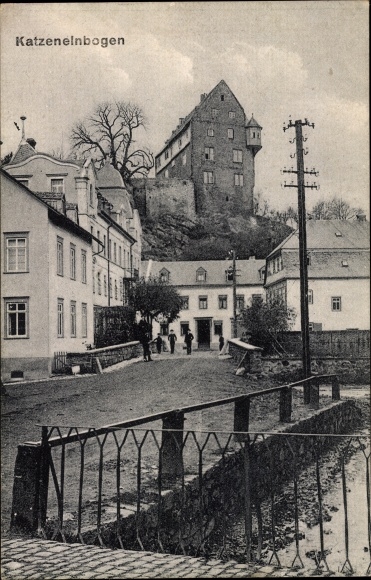 Postcard Katzenelnbogen in the Rhein Lahn district, street section on the water, castle
