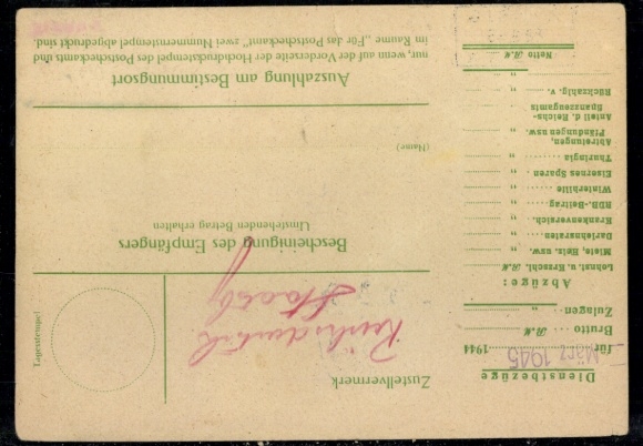 Money order, embossed stamp "20.3.45 Aussig"