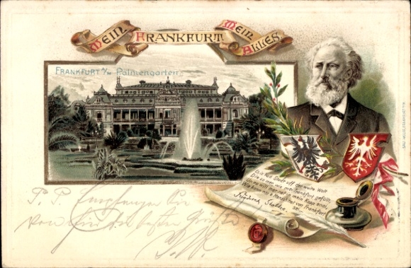 Embossed coat of arms passepartout litho Frankfurt am Main, Palmengarten, Friedrich Stoltze