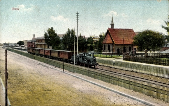 Postcard Suez Egypt, railway, station, track side