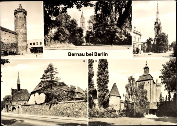 Postcard Bernau near Berlin, Steintor, view from the city park to Marienkirche, church, St. Georgenshospital