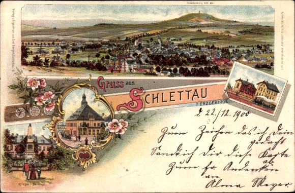litho Schlettau in het Ertsgebergte, totaalaanzicht van het dorp, treinstation, gemeentehuis, oorlogsmonument
