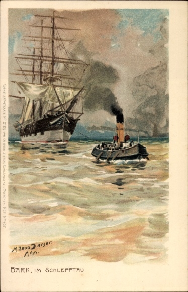 Artist Chromo-Litho Diemer, Zeno, Barque brought up the Elbe by a tugboat