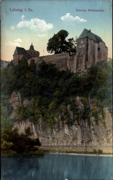 Ak Leisnig an der Mulde, uitzicht op kasteel Mildenstein, rotsen