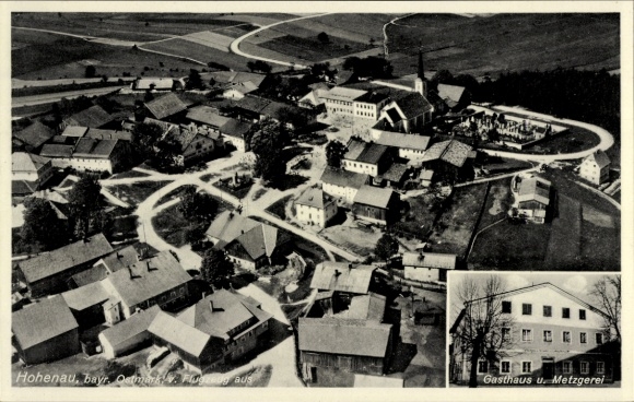 Postcard Hohenau Lower Bavaria, aerial photograph, inn and butcher shop Ludw. Piser