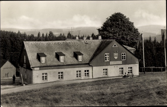 Postcard Sosa Eibenstock in the Ore Mountains, FDJ Youth Hostel Hans Beimler, Red Pit