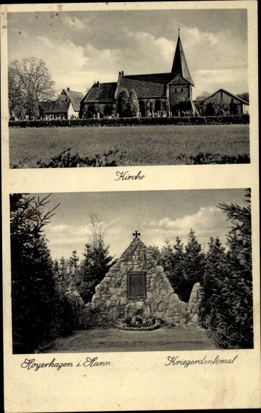 Postcard Hoyerhagen in Lower Saxony, church, war memorial