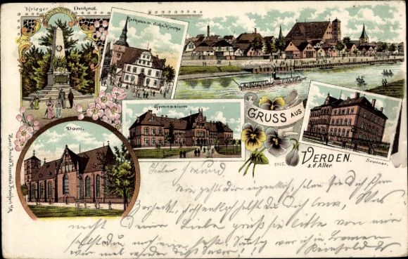 Chromo-Litho Verden an der Aller, war memorial, cathedral, high school, seminar