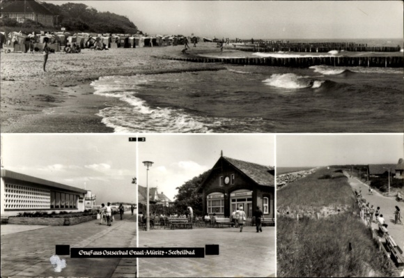 Postcard Ostseebad Müritz Graal-Müritz, beach, waves, pier, guesthouse, coastal landscape