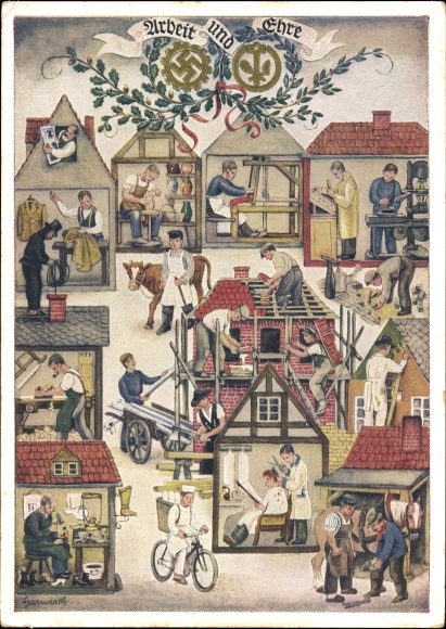 Künstler Ak Reichshandwerkertag 1936, Arbeit und Ehre, Friseur, Bäcker, Töpfer, Schornsteinfeger