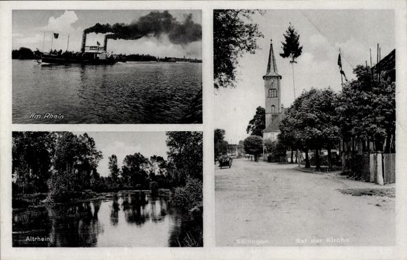Postcard Söllingen Pfinztal am Kraichgau, steamer on the Rhine, Old Rhine, church