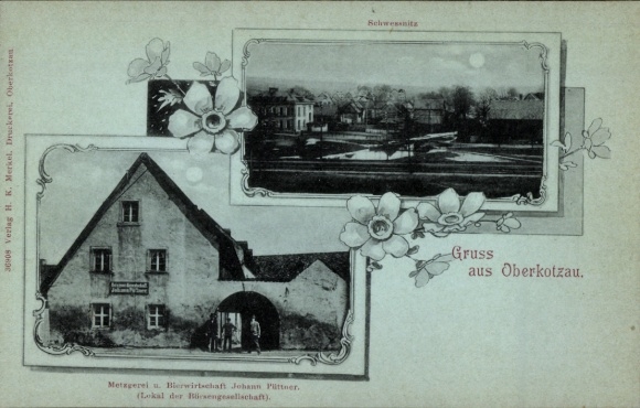 Moonlight Postcard Oberkotzau in Upper Franconia Bavaria, Schwessnitz, butcher shop and beer restaurant J. Püttner