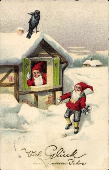 Postcard Happy New Year, dwarves, winter landscape, house, raven