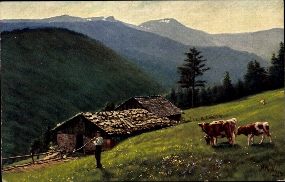 Kunstenaar Ak Hoffmann, H., Hoge Vogezen Haut Rhin, Dairy Widenbach met Rotenbachkopf, koeien