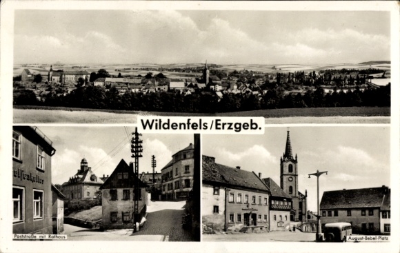 Ansichtkaart Wildenfels in het Ertsgebergte, Panorama, Poststraße, August Bebel Platz