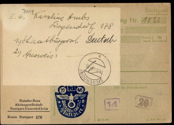Money order, embossed stamp "22.3.45 Stuttgart" with certificate of origin