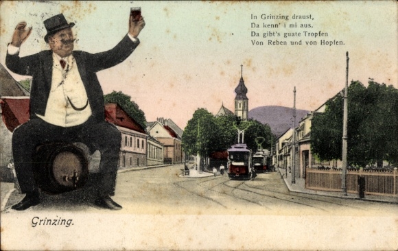 Ak Wien 19 Döbling Grinzing, Straßenbahn, Mann sitzt auf dem Fass