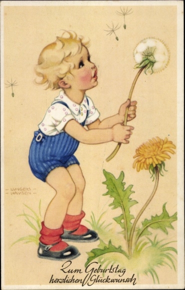 Artist Postcard Lungershausen, Ilse Wende, birthday greetings, boy with a dandelion, dandelion