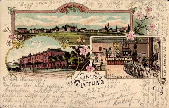 Litho Plattling im Gäuboden Niederbayern, Bahnhof, Gleisseite, Restauration, Panorama vom Ort