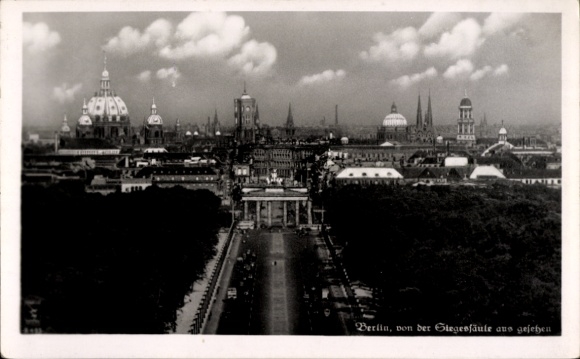 Postcard Berlin Mitte, Alexanderplatz, view from the Victory Column, historical buildings, cloudy sky