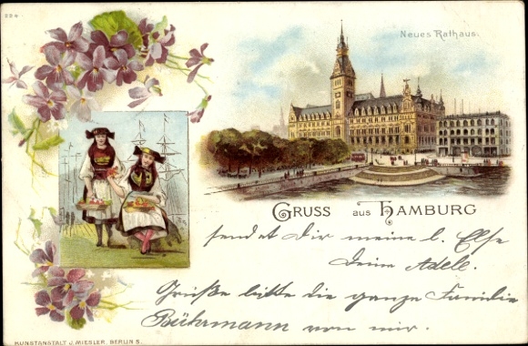 Chromo-Litho Hamburg Old Town, New Town Hall, Vierländerinnen