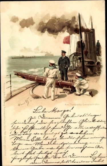 Kunstenaar Litho Bohrdt, Hans, Bij de torpedo-lanceerbuis, Duitse matrozen, oorlogsschip