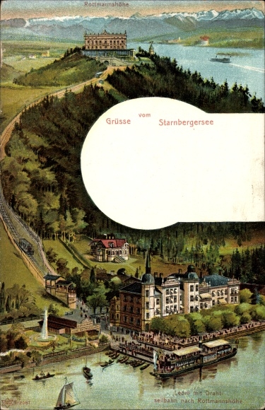 Postcard Berg am Starnberger See in Upper Bavaria, Rottmannshöhe, Leoni with cable car