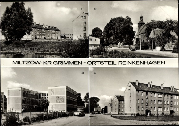 Ak Miltzow Sundhagen West-Pommeren, Reinkenhagen, nieuwbouwgebied, kerk, polytechnische middelbare school