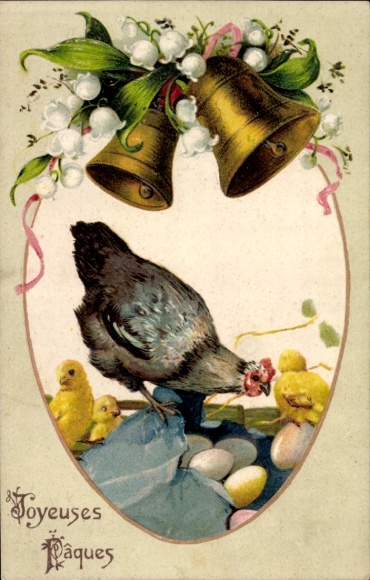Ak Glückwunsch Ostern, Henne, Küken, Ostereier, Glocken