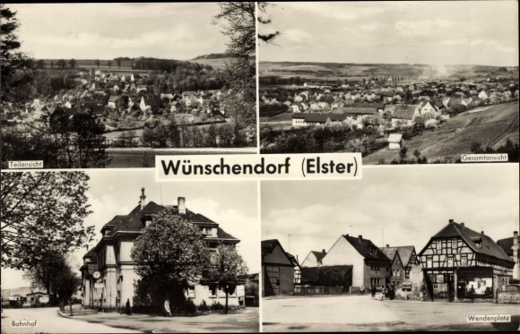 Ansichtkaarten Wunschdorf an der Elster, gedeeltelijk aanzicht, totaalaanzicht, treinstation, Wendenplatz