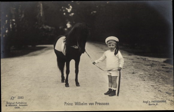 Postcard Prince Wilhelm of Prussia, sailor hat, pony