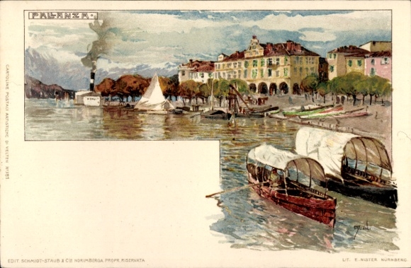 Kunstenaar litho Wielandt, Manuel, Pallanza Verbania Piemonte, kustgebied, boten