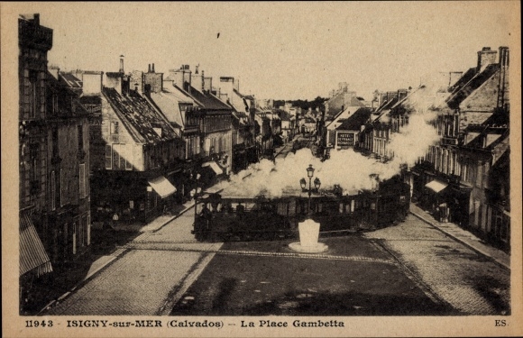 Ak Isigny sur Mer Calvados, Place Gambetta, Straßenbahn