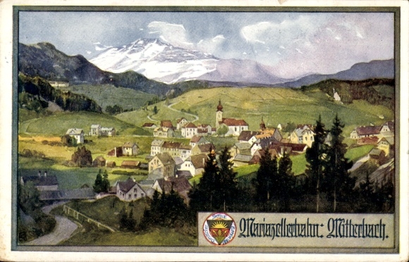 KP Mitterbach am Erlaufsee Dolna Austria, krajobraz z górami, widok na wieś, Mariazellerbahn: