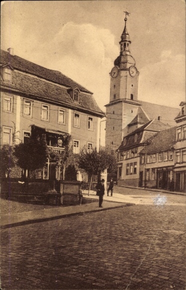 Postcard Ilmenau in Thuringia, historical city view, old buildings, church tower, city fountain